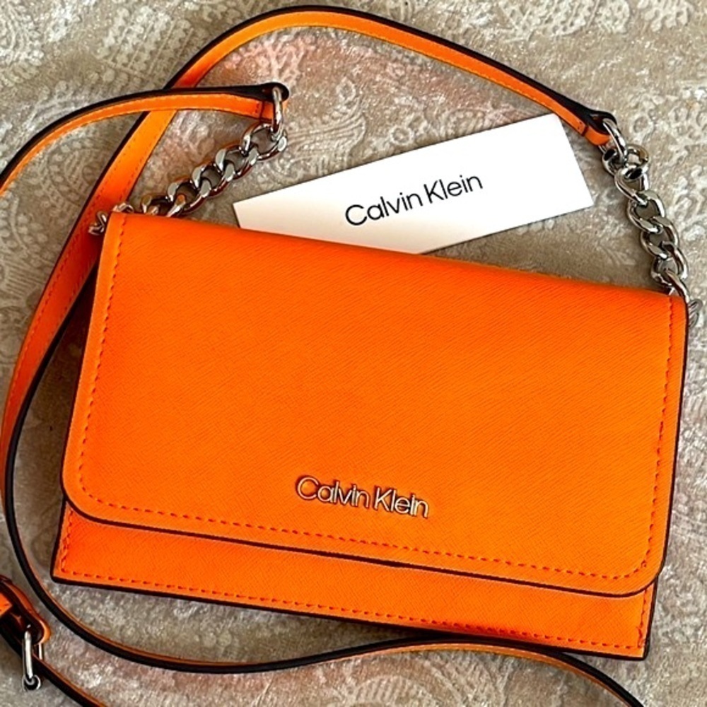 Brand New Calvin Klein Orange Wallet Organizer Crossbody Purse Silver Tone Chain